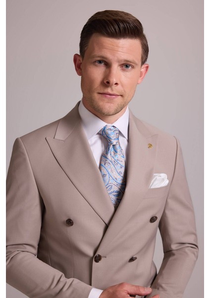 Erkek Krem Slim Fit Kruvaze %100 Yün Takım Elbise fırsatları