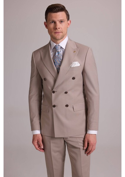 Erkek Krem Slim Fit Kruvaze %100 Yün Takım Elbise indirimleri