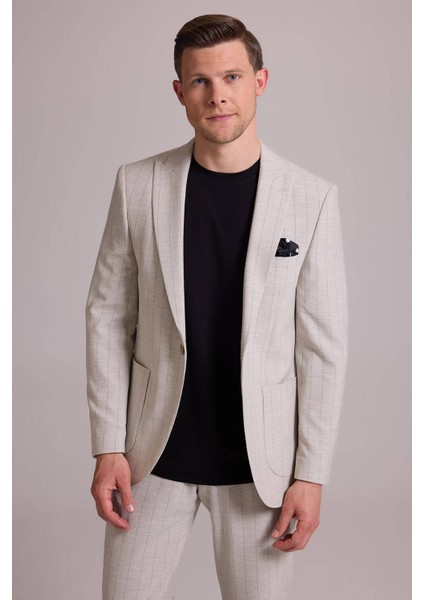 Erkek Bej Slim Fit Çizgili Tek Düğmeli Jogger Pantolonlu Takım Elbise