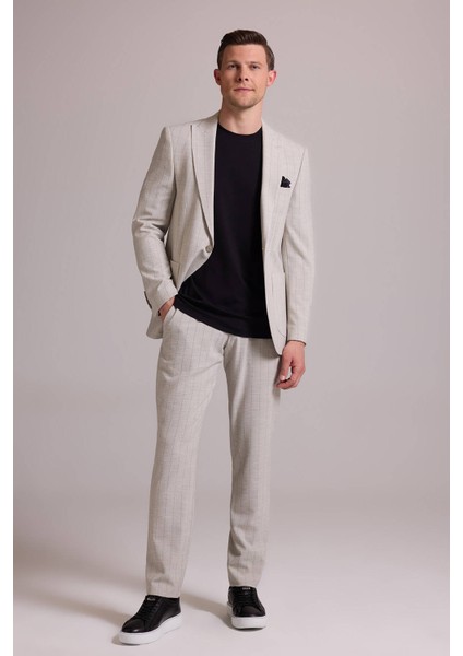 Erkek Bej Slim Fit Çizgili Tek Düğmeli Jogger Pantolonlu Takım Elbise fiyatları