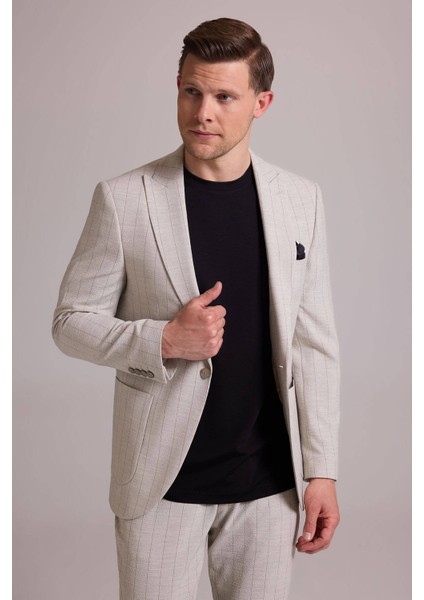 Erkek Bej Slim Fit Çizgili Tek Düğmeli Jogger Pantolonlu Takım Elbise modelleri