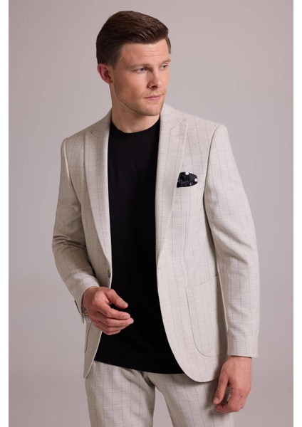 Erkek Bej Slim Fit Çizgili Tek Düğmeli Jogger Pantolonlu Takım Elbise fırsatları
