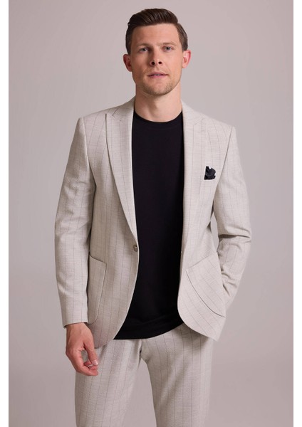 Erkek Bej Slim Fit Çizgili Tek Düğmeli Jogger Pantolonlu Takım Elbise indirimleri