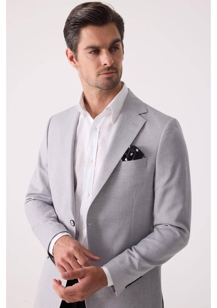 Erkek Açık Gri Regular Fit Keten Karışımlı Mono Yaka Ceket modelleri