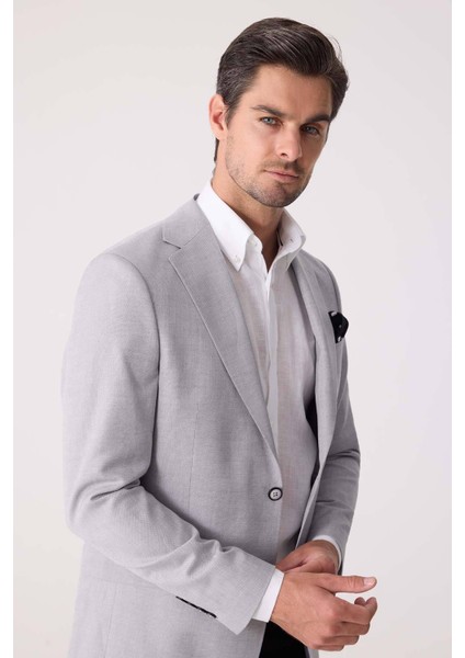 Erkek Açık Gri Regular Fit Keten Karışımlı Mono Yaka Ceket fırsatları