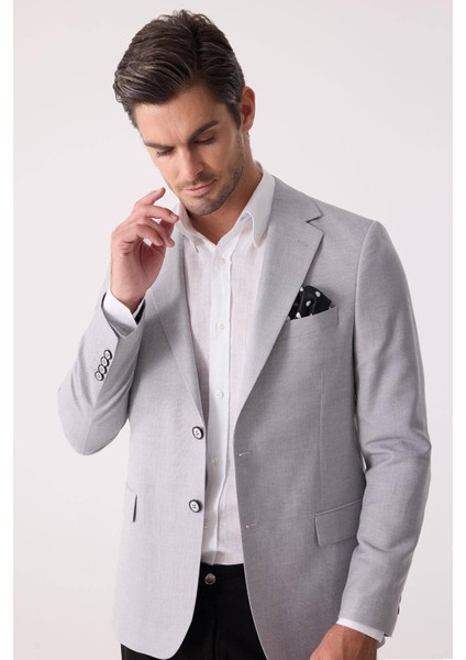 Erkek Açık Gri Regular Fit Keten Karışımlı Mono Yaka Ceket indirimleri