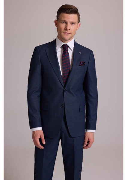 Erkek Lacivert Regular Fit Mono Yaka Yün Karışımlı Kareli Takım Elbise