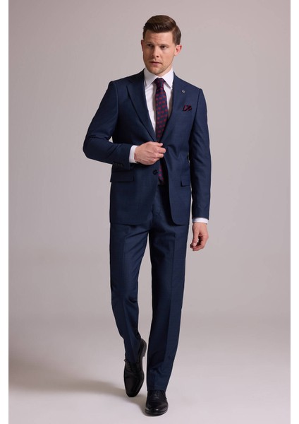 Erkek Lacivert Regular Fit Mono Yaka Yün Karışımlı Kareli Takım Elbise fiyatları