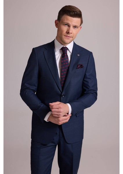 Erkek Lacivert Regular Fit Mono Yaka Yün Karışımlı Kareli Takım Elbise modelleri