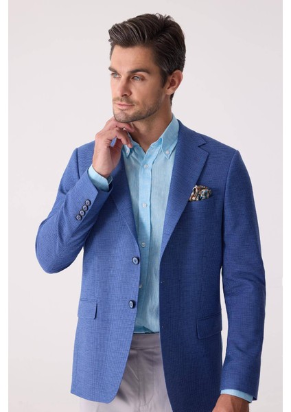 Erkek Mavi Regular Fit Keten Karışımlı Mono Yaka Ceket indirimleri