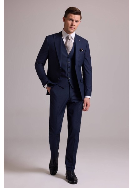 Erkek Lacivert Slim Fit Yün Karışımlı Sivri Yaka Çizgili Yelekli Takım Elbise fiyatları