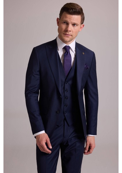 Erkek Lacivert Çizgili Slim Fit Yelekli Kırlangıç Yaka Takım Elbise fiyatları