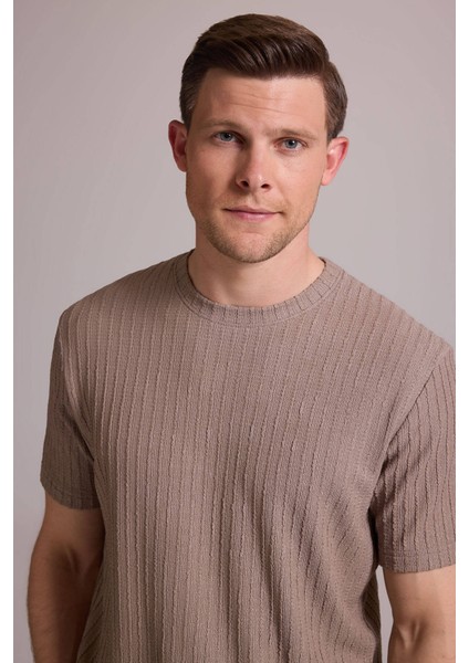 Erkek Bej Desenli Bisiklet Yaka T-Shirt