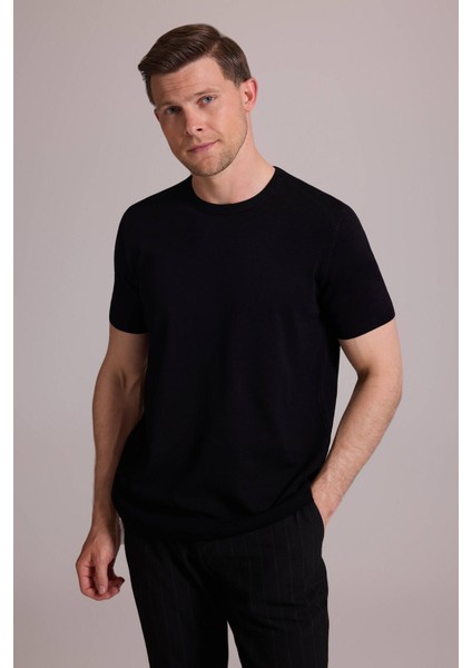 Erkek Siyah Regular Fit Bisiklet Yaka Triko Tişört