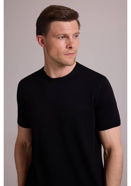 Erkek Siyah Regular Fit Bisiklet Yaka Triko Tişört modelleri