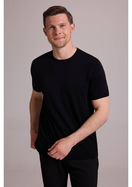 Erkek Siyah Regular Fit Bisiklet Yaka Triko Tişört indirimleri