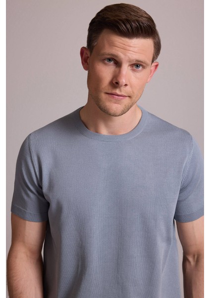 Erkek Mavi Regular Fit Bisiklet Yaka Triko Tişört