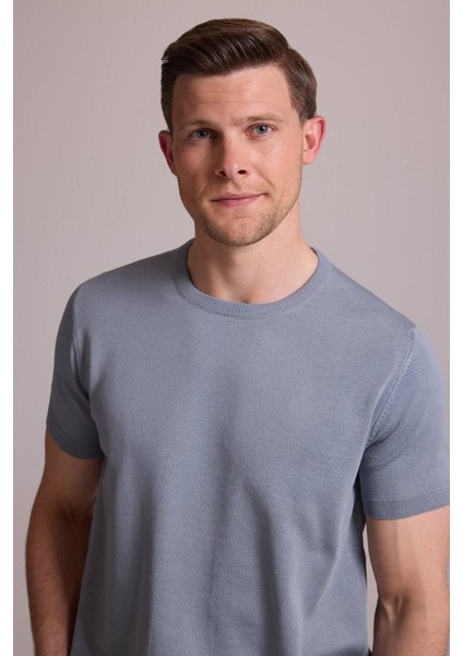 Erkek Mavi Regular Fit Bisiklet Yaka Triko Tişört fırsatları