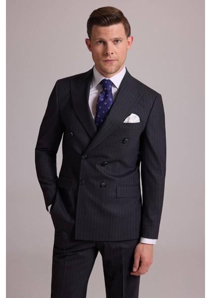 Erkek Gri Çizgili Slim Fit Sivri Yaka Kruvaze %100 Yün Takım Elbise fiyatları