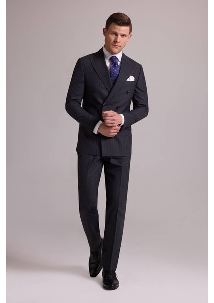 Erkek Gri Çizgili Slim Fit Sivri Yaka Kruvaze %100 Yün Takım Elbise modelleri
