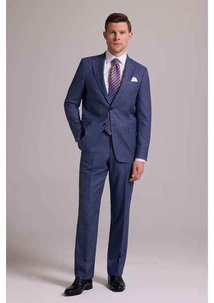 Erkek Mavi Regular Fit Mono Yaka Yünlü Takım Elbise