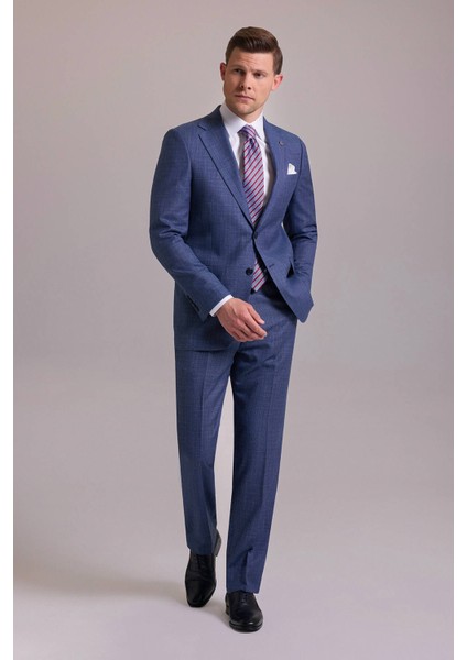 Erkek Mavi Regular Fit Mono Yaka Yünlü Takım Elbise modelleri