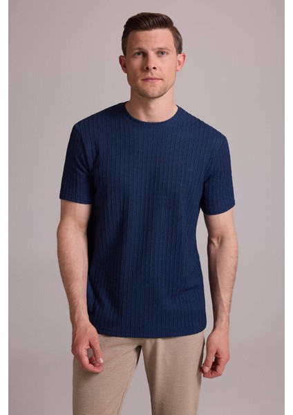 Erkek Lacivert Desenli Bisiklet Yaka T-Shirt