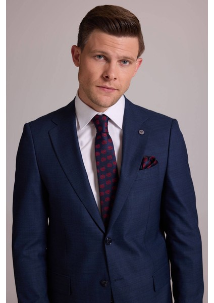 Erkek Lacivert Regular Fit Mono Yaka Yün Karışımlı Kareli Takım Elbise fırsatları