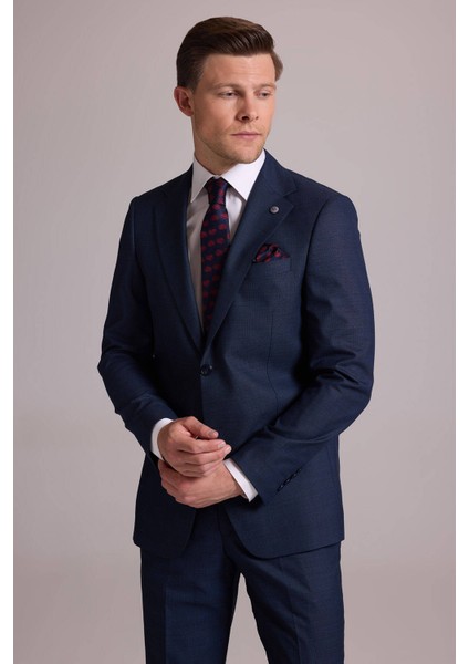 Erkek Lacivert Regular Fit Mono Yaka Yün Karışımlı Kareli Takım Elbise indirimleri