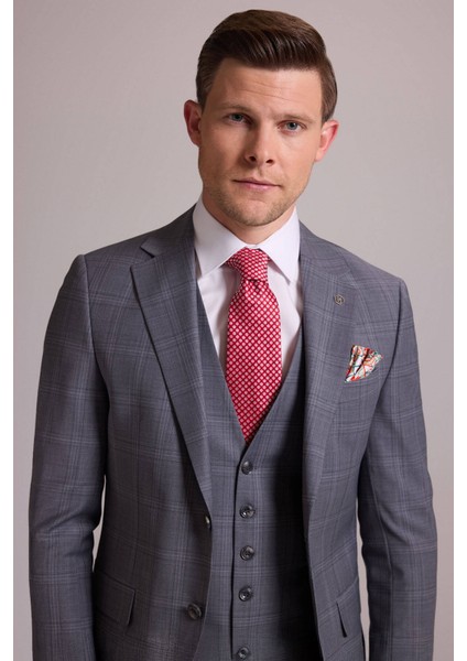 Erkek Gri Slim Fit Kareli Yelekli Yün Mono Yaka Takım Elbise