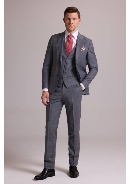 Erkek Gri Slim Fit Kareli Yelekli Yün Mono Yaka Takım Elbise modelleri