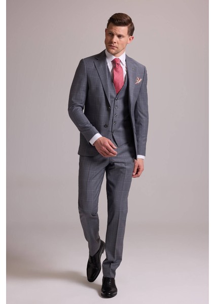 Erkek Gri Slim Fit Kareli Yelekli Yün Mono Yaka Takım Elbise fırsatları