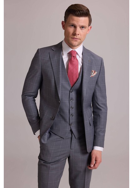 Erkek Gri Slim Fit Kareli Yelekli Yün Mono Yaka Takım Elbise indirimleri