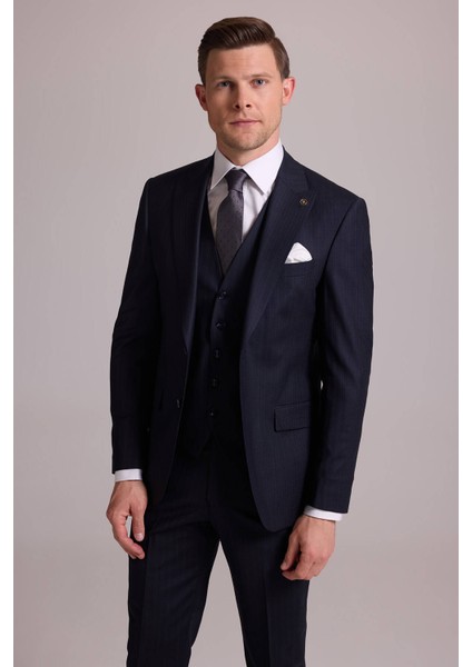 Erkek Siyah Slim Fit Sivri Yaka Yün Yelekli Çizgili Takım Elbise indirimleri
