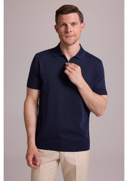 Erkek Lacivert Regular Fit Polo Yaka Fermuarlı Triko Tişört