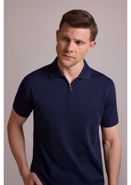 Erkek Lacivert Regular Fit Polo Yaka Fermuarlı Triko Tişört fiyatları