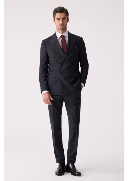 Erkek Lacivert Çizgili Slim Fit %100 Yün Çizgili Kruvaze Takım Elbise