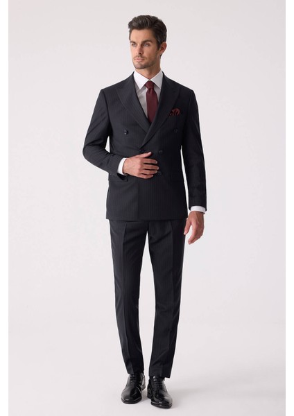 Erkek Lacivert Çizgili Slim Fit %100 Yün Çizgili Kruvaze Takım Elbise fiyatları