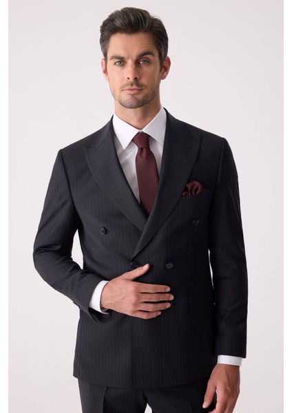 Erkek Lacivert Çizgili Slim Fit %100 Yün Çizgili Kruvaze Takım Elbise modelleri