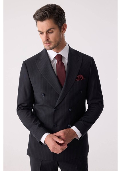 Erkek Lacivert Çizgili Slim Fit %100 Yün Çizgili Kruvaze Takım Elbise fırsatları