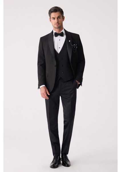 Erkek Siyah Slim Fit Şal Yaka Damatlık