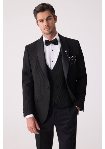Erkek Siyah Slim Fit Şal Yaka Damatlık modelleri