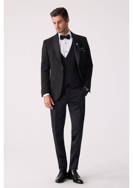 Erkek Siyah Slim Fit Şal Yaka Damatlık indirimleri