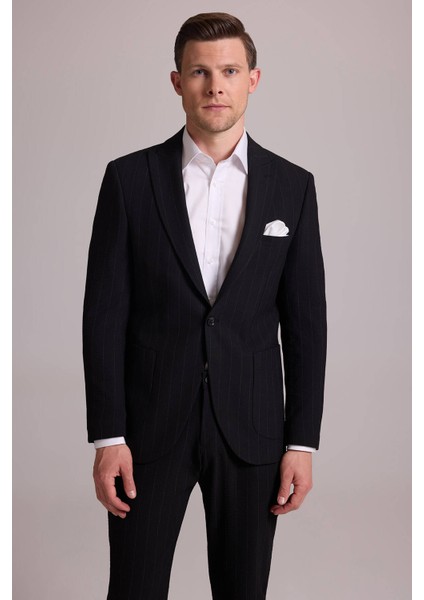 Erkek Siyah Slim Fit Çizgili Tek Düğmeli Jogger Pantolonlu Takım Elbise modelleri