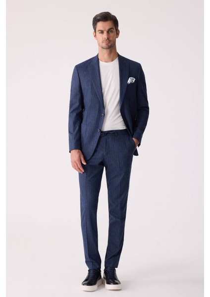 Erkek Mavi Slim Fit Çizgili Torba Cep Jogger Pantolonlu Sivri Yaka Takım Elbise fiyatları