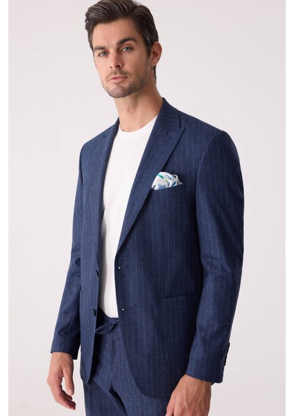 Erkek Mavi Slim Fit Çizgili Torba Cep Jogger Pantolonlu Sivri Yaka Takım Elbise fırsatları