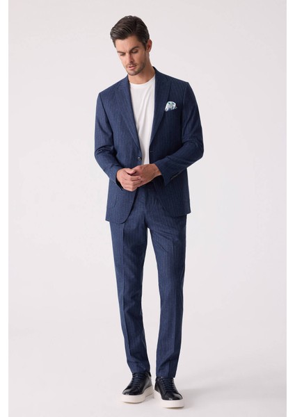 Erkek Mavi Slim Fit Çizgili Torba Cep Jogger Pantolonlu Sivri Yaka Takım Elbise indirimleri