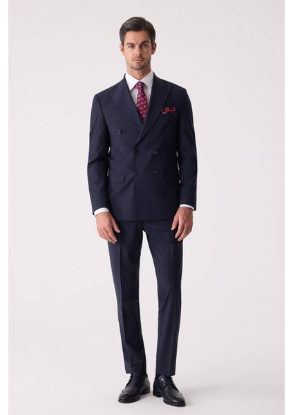 Erkek Lacivert Çizgili Slim Fit Kruvaze Takım Elbise