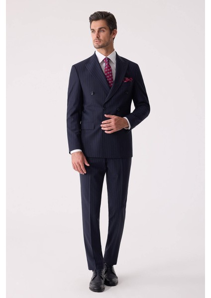 Erkek Lacivert Çizgili Slim Fit Kruvaze Takım Elbise modelleri