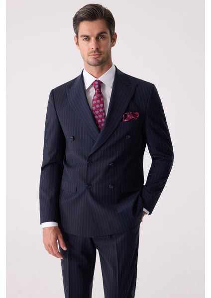Erkek Lacivert Çizgili Slim Fit Kruvaze Takım Elbise fırsatları